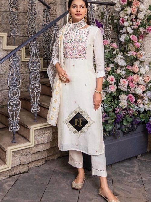 Premium Muslin Fabric Suit with Pants and Block Print Chanderi Dupatta - White