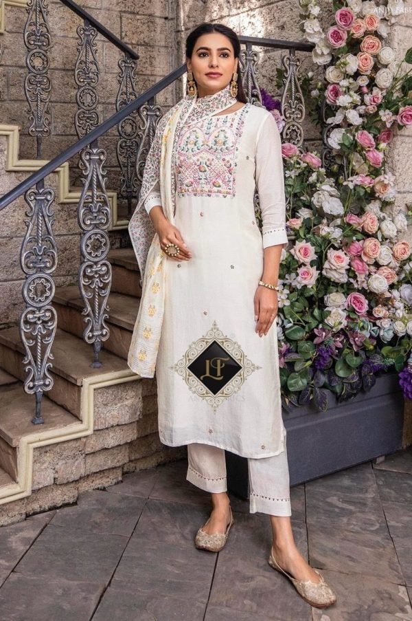 Premium Muslin Fabric Suit with Pants and Block Print Chanderi Dupatta - White