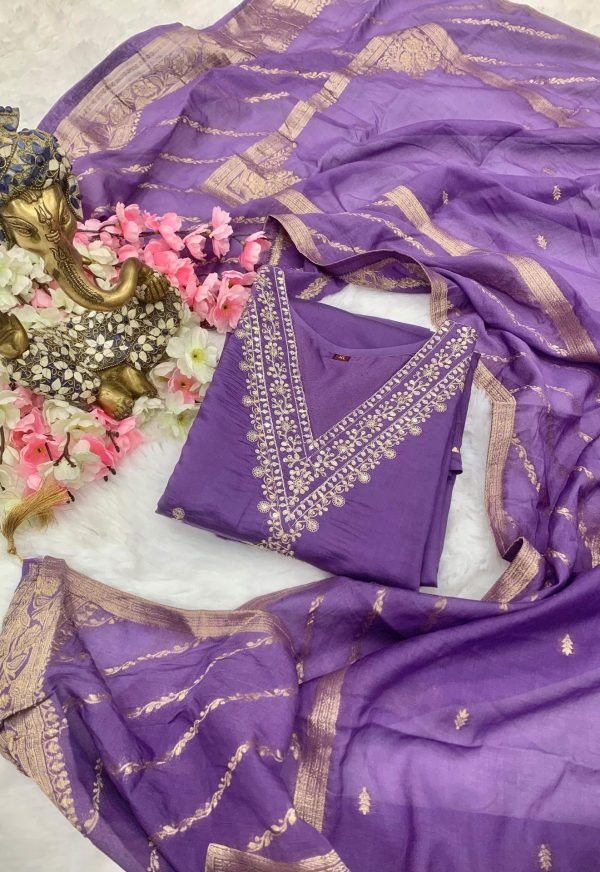 Cotton Suit with Chanderi Silk Jaipuri Style Dupatta - 3Pc - Purple