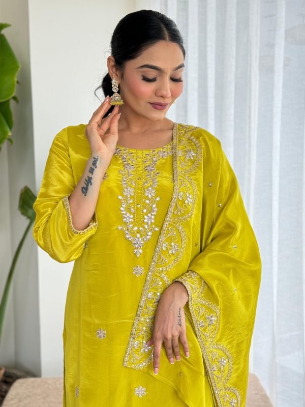 Pure Crepe Jaipuri Suit - 3Pc - Neon Yellow