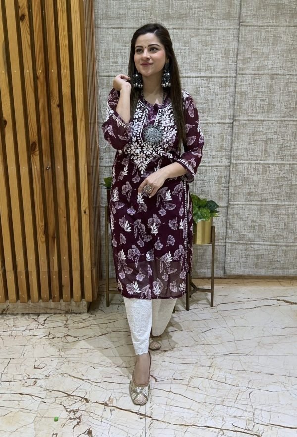 0a305dd0-d3d1-4f89-a977-ec18590a68c2 Georgette Chikankari Printed Kurti (With Matching Inner) - Hand Embroidered