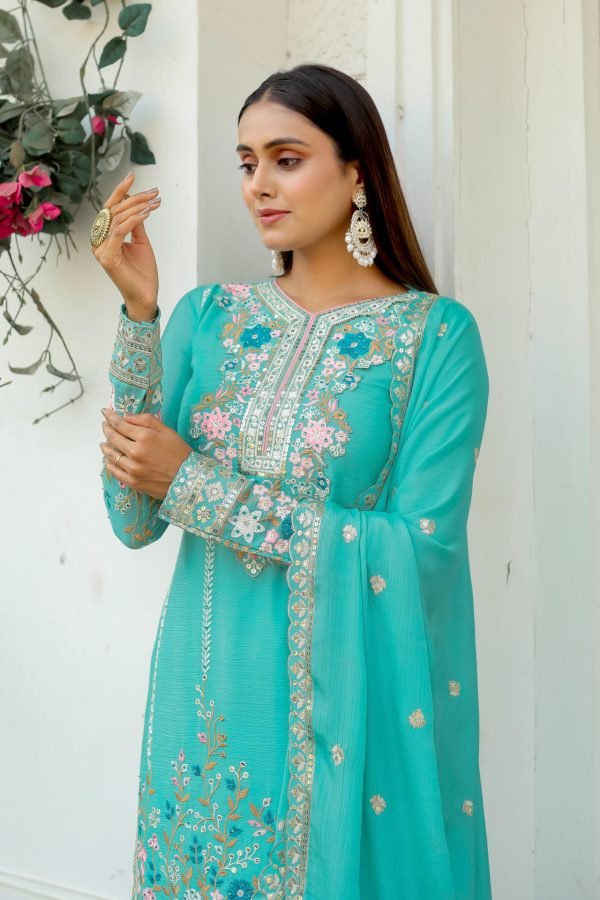 Chinnon Silk Straight Designer Suit- 3Pc Kurti, Pant & Dupatta - Green, White & Peach Pink