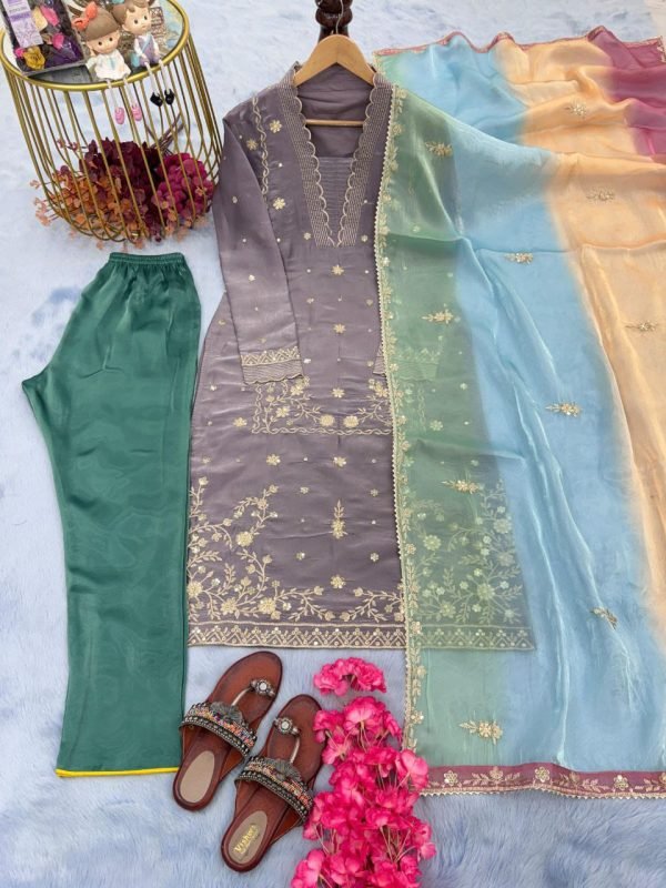Jimmy Choo Silk Straight Suit- 3Pc Grey Kurti, Green Pant & Multicolored Dupatta