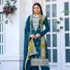 Chinnon Silk Straight Designer Suit- 3Pc Kurti, Pant & Dupatta - Mustard & Teal Blue
