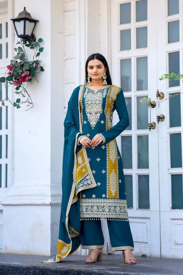 Chinnon Silk Straight Designer Suit- 3Pc Kurti, Pant & Dupatta - Mustard & Teal Blue