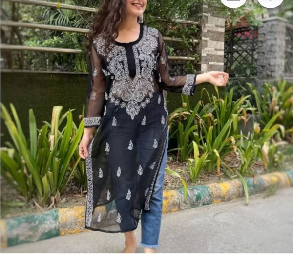 117635cd-f1f8-4515-9e31-258966cd8f0a Georgette Black Chikankari Mirror Work Kurti (With Black Inner)