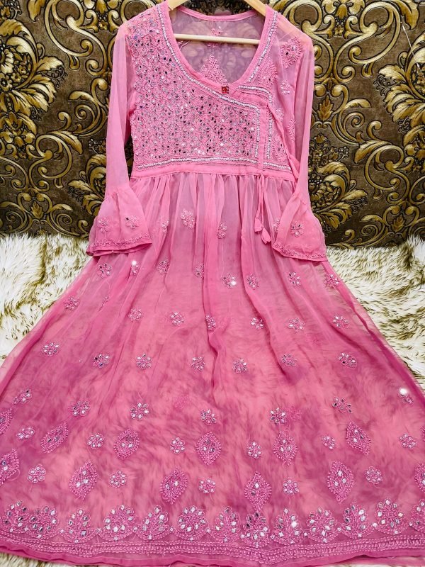 Georgette Chikankari Mirror Work Angrakha Style Gown (With Matching Inner) - Ombre Colored