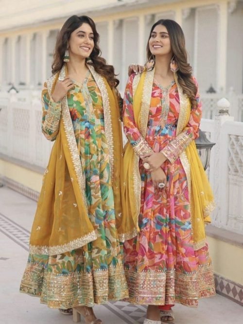 142a16d0-d0fd-4159-bf1b-3cb07ca97e35 Fox Georgette Anarkali Sequence Embroidered with Dupatta - 2Pc - Green & Red