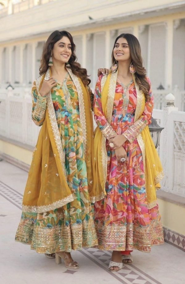 Fox Georgette Anarkali Sequence Embroidered with Dupatta - 2Pc - Green & Red