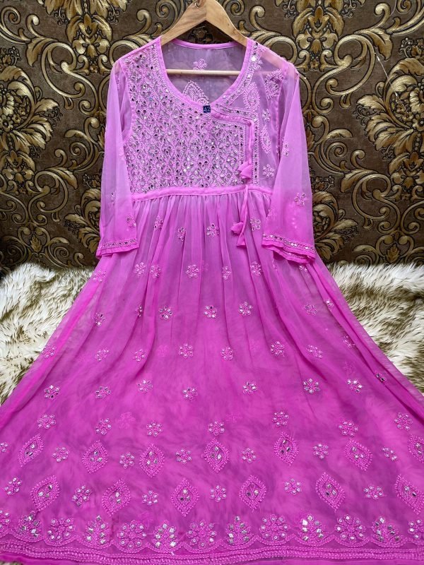 Georgette Chikankari Mirror Work Angrakha Style Gown (With Matching Inner) - Ombre Colored