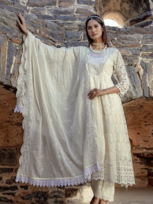 18d30002-312c-427a-bd37-845b9a799293 Cotton Chikan Anarkali Suit with Pant & Dupatta - 3Pc - Ivory White