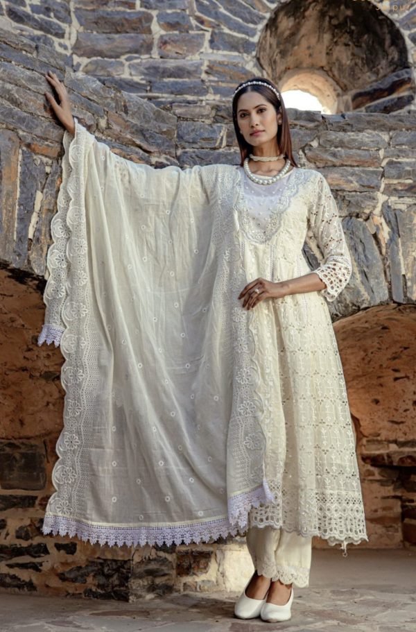 Cotton Chikan Anarkali Suit with Pant & Dupatta - 3Pc - Ivory White