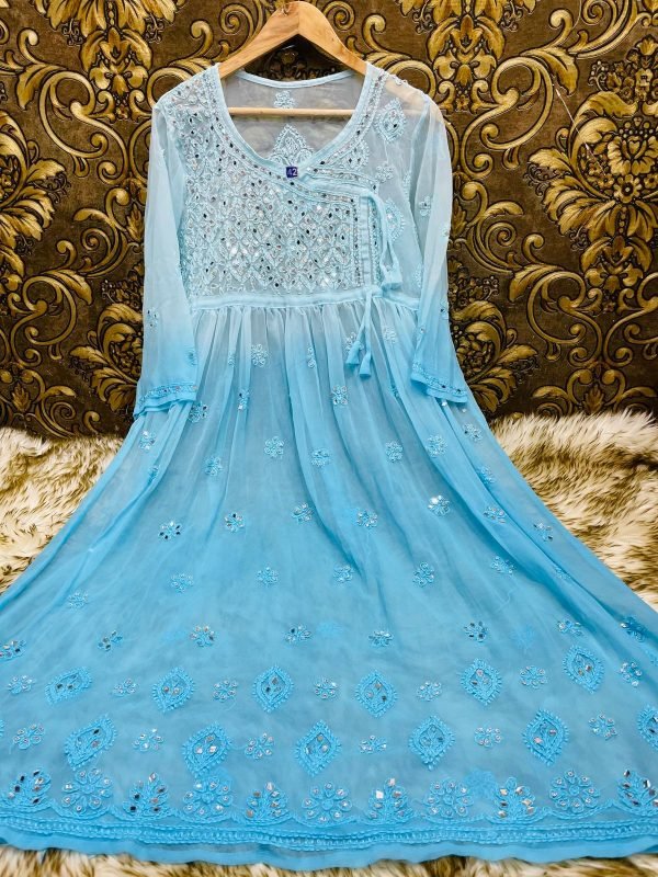 Georgette Chikankari Mirror Work Angrakha Style Gown (With Matching Inner) - Ombre Colored