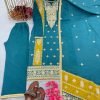 Chinnon Silk Straight Designer Suit- 3Pc Kurti, Pant & Dupatta - Mustard & Teal Blue