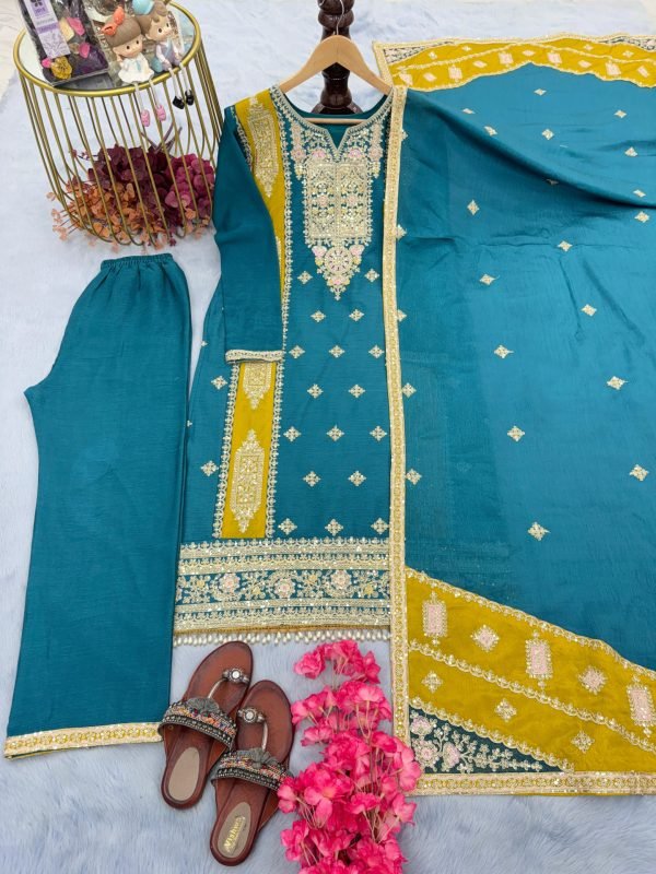 Chinnon Silk Straight Designer Suit- 3Pc Kurti, Pant & Dupatta - Mustard & Teal Blue