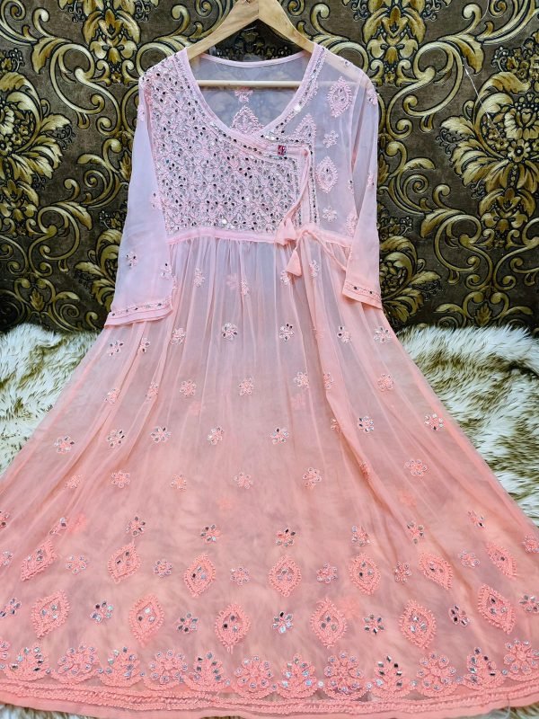 Georgette Chikankari Mirror Work Angrakha Style Gown (With Matching Inner) - Ombre Colored