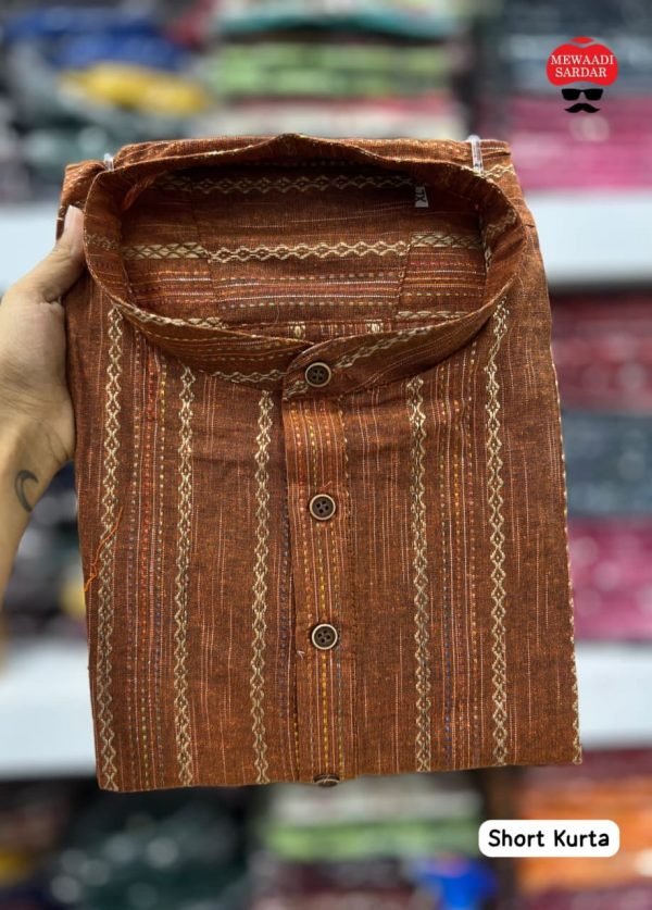 Mens Cotton Short Kurta - Golden Striped - 5 Colors