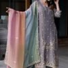 Jimmy Choo Silk Straight Suit- 3Pc Grey Kurti, Green Pant & Multicolored Dupatta
