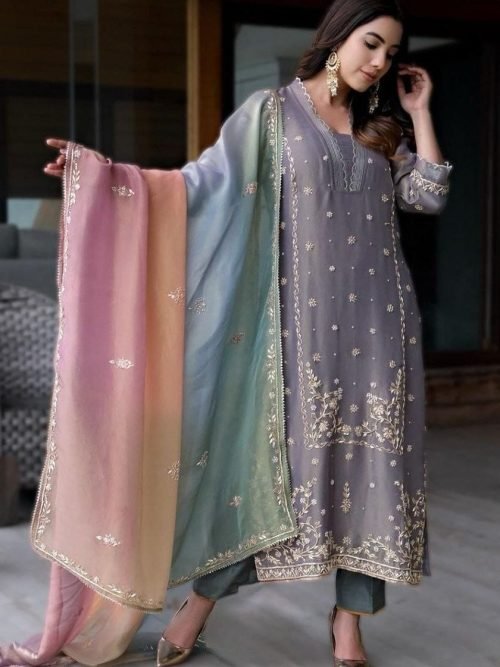 Jimmy Choo Silk Straight Suit- 3Pc Grey Kurti, Green Pant & Multicolored Dupatta