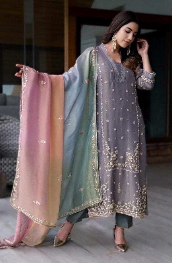Jimmy Choo Silk Straight Suit- 3Pc Grey Kurti, Green Pant & Multicolored Dupatta