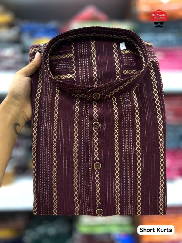 Mens Cotton Short Kurta - Golden Striped - 5 Colors