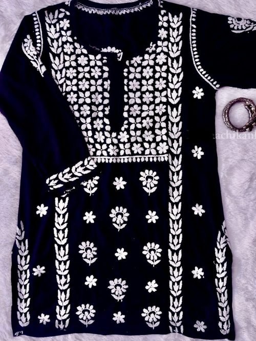 Modal Chikankari Short Kurti - Black