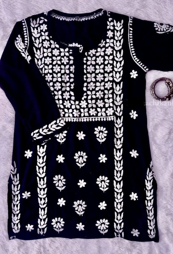 Modal Chikankari Short Kurti - Black