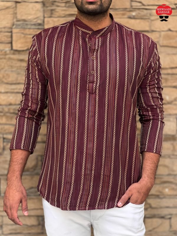 Mens Cotton Short Kurta - Golden Striped - 5 Colors