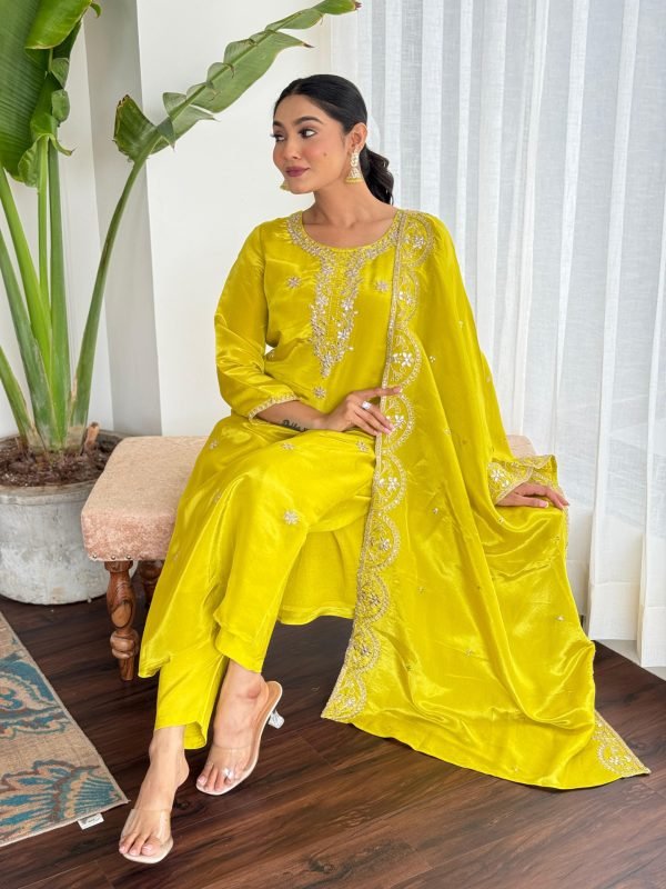 Pure Crepe Jaipuri Suit - 3Pc - Neon Yellow