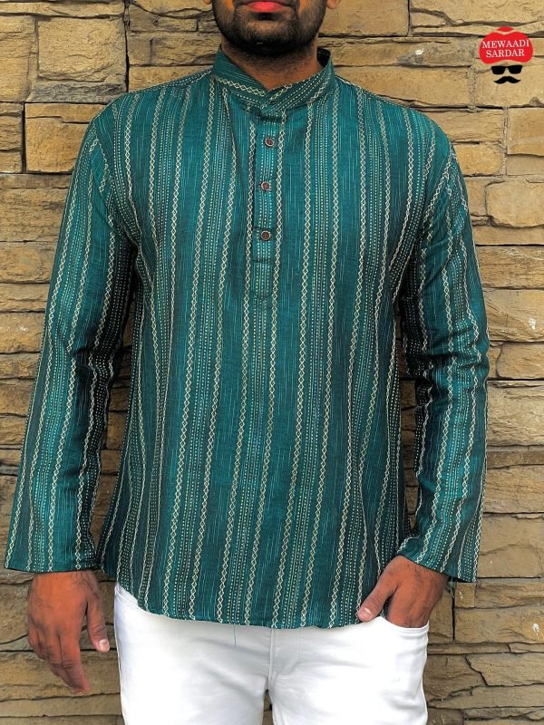 Mens Cotton Short Kurta - Golden Striped - 5 Colors