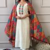Cotton Chikan Suit with Bandhani Jaipuri Style Dupatta - 3Pc - White