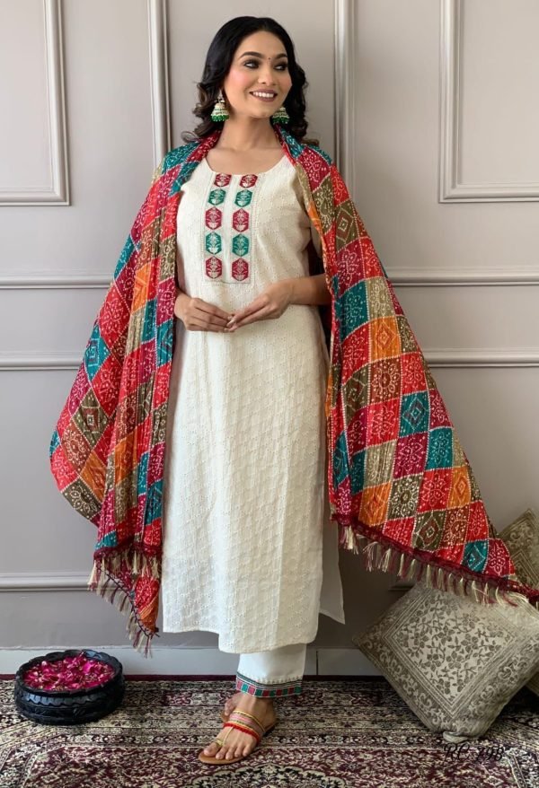 Cotton Chikan Suit with Bandhani Jaipuri Style Dupatta - 3Pc - White