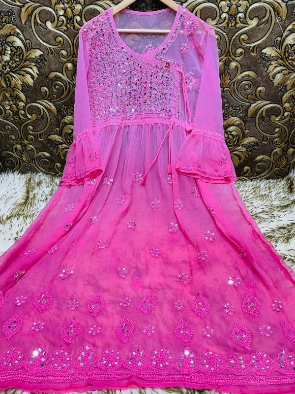 Georgette Chikankari Mirror Work Angrakha Style Gown (With Matching Inner) - Ombre Colored