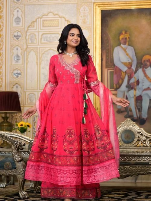 498d19e2-97db-4866-af56-09cf54f2055f Premium Organza Angrakha Anarkali Suit with Pant & Dupatta - 3Pc - Coral Red
