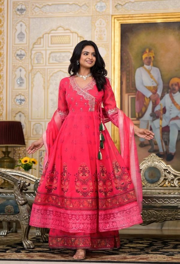 Premium Organza Angrakha Anarkali Suit with Pant & Dupatta - 3Pc - Coral Red
