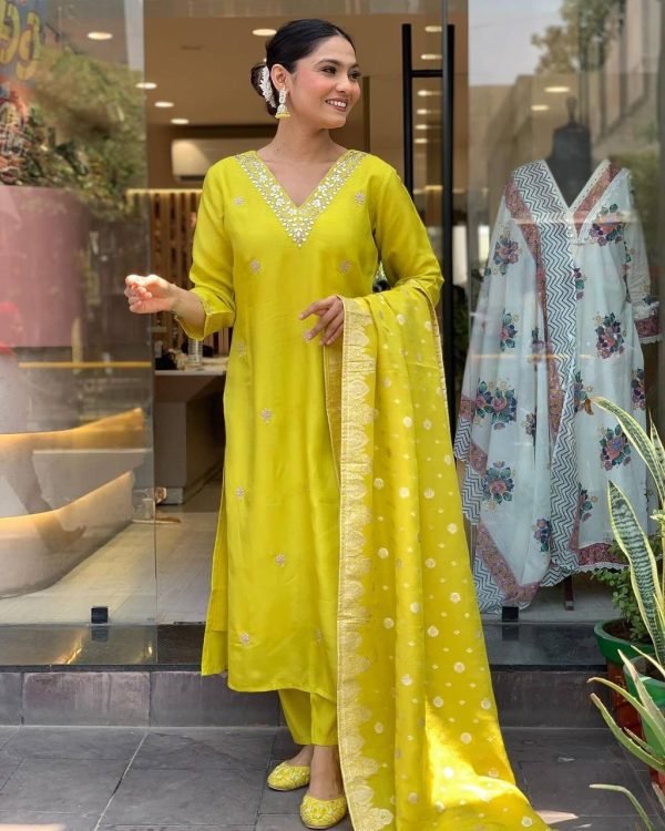 Roman Silk Suit with Banarasi Dupatta - Plus Sizes only - 3Pc - Neon Yellow