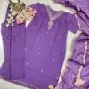 Cotton Suit with Chanderi Silk Jaipuri Style Dupatta - 3Pc - Purple