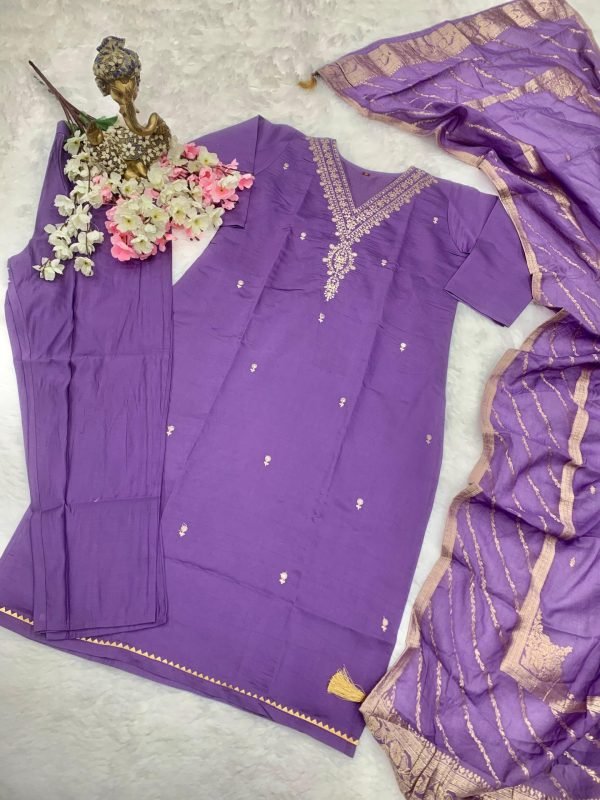 Cotton Suit with Chanderi Silk Jaipuri Style Dupatta - 3Pc - Purple