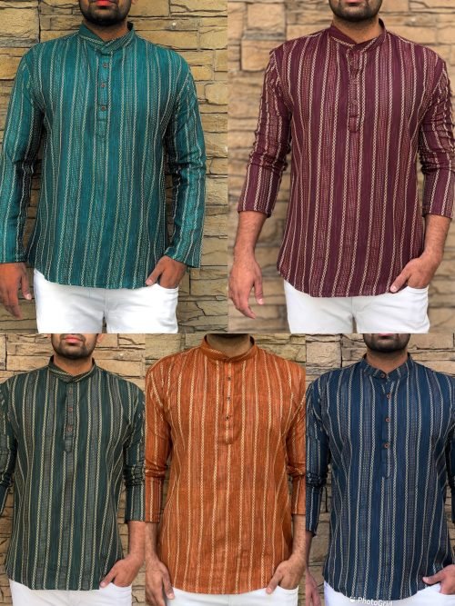 Mens Cotton Short Kurta - Golden Striped - 5 Colors