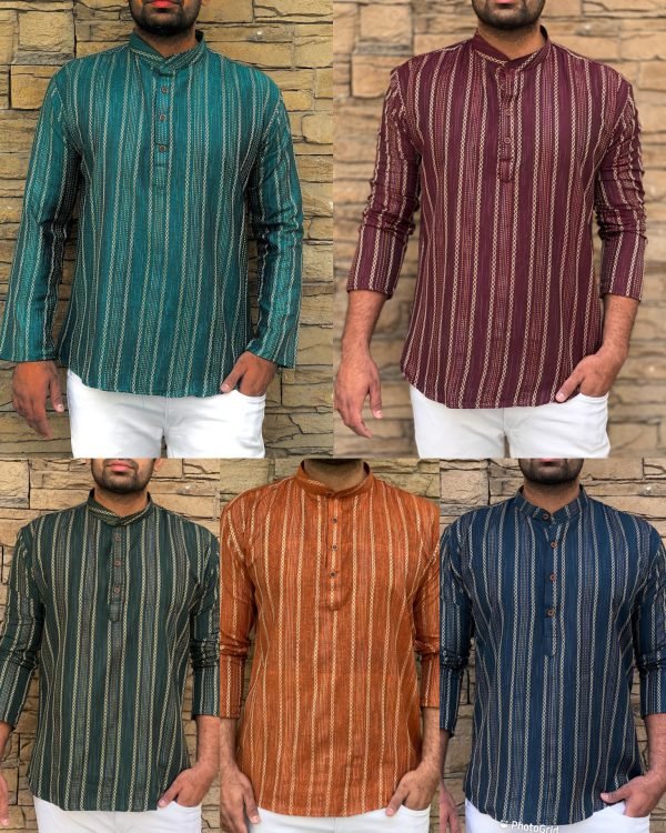 Mens Cotton Short Kurta - Golden Striped - 5 Colors