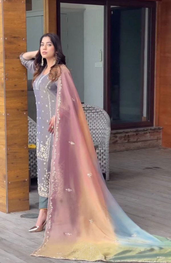 Jimmy Choo Silk Straight Suit- 3Pc Grey Kurti, Green Pant & Multicolored Dupatta