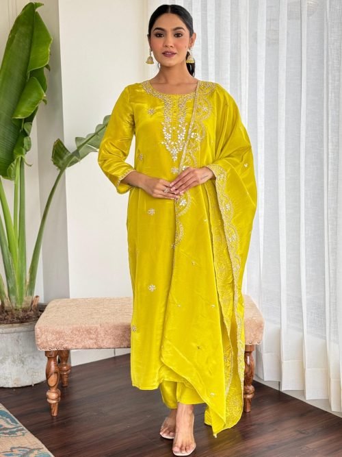 Pure Crepe Jaipuri Suit - 3Pc - Neon Yellow