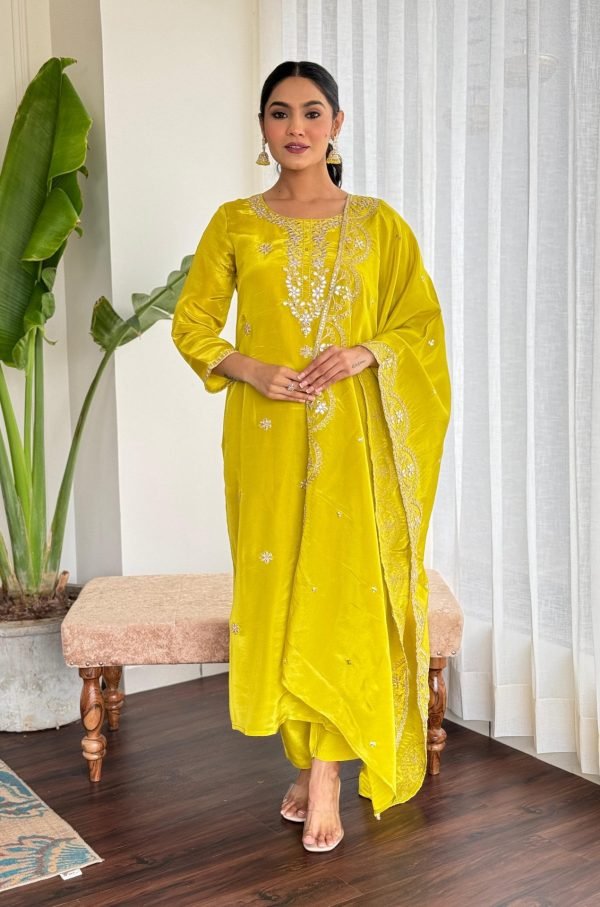 Pure Crepe Jaipuri Suit - 3Pc - Neon Yellow