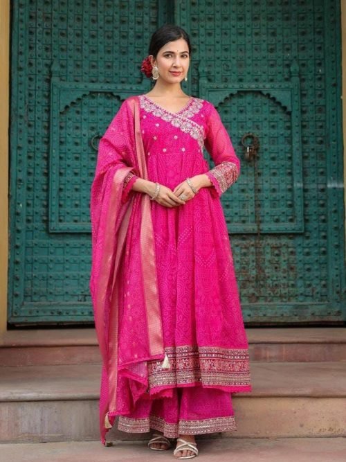 73bad152-7a20-45ed-8133-f9b20e3c8605 Premium Organza Angrakha Anarkali Suit with Pant & Dupatta - 3Pc - Hot Pink