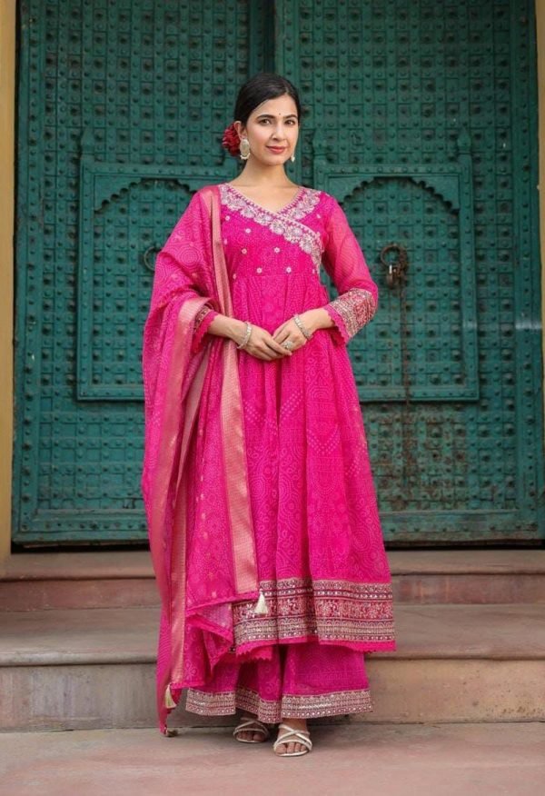 Premium Organza Angrakha Anarkali Suit with Pant & Dupatta - 3Pc - Hot Pink