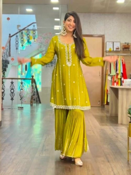 Chinnon Silk Gharara Suit- 3Pc Kurti, Gharara & Dupatta - Mehndi Green