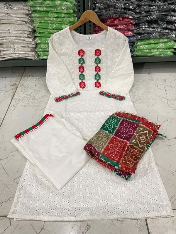 Cotton Chikan Suit with Bandhani Jaipuri Style Dupatta - 3Pc - White
