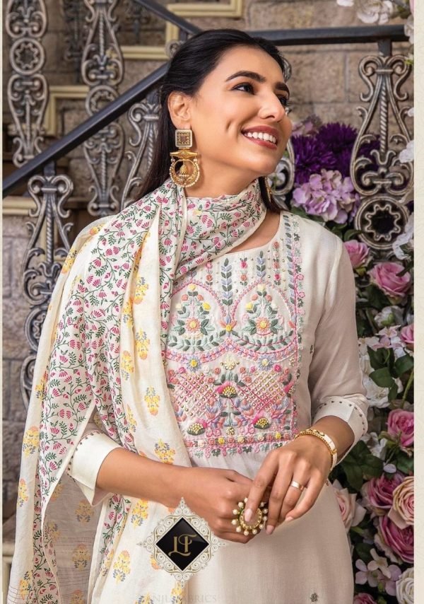 Premium Muslin Fabric Suit with Pants and Block Print Chanderi Dupatta - White