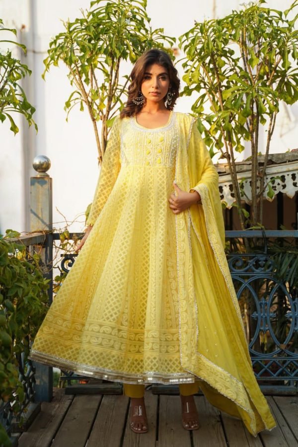 Georgette Chikan Anarkali Suit with Pant \u0026 Dupatta – 3Pc – Yellow –  Lukhnowi Fashions