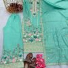 Chinnon Silk Straight Designer Suit- 3Pc Kurti, Pant & Dupatta - Green, White & Peach Pink